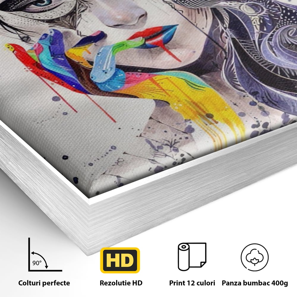 Detaliu al suprafetei: tablou canvas cu portret abstract feminin, in rama de aluminiu argintiu